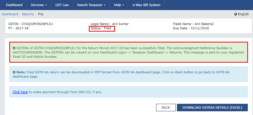 GSTR 9A successfully filed