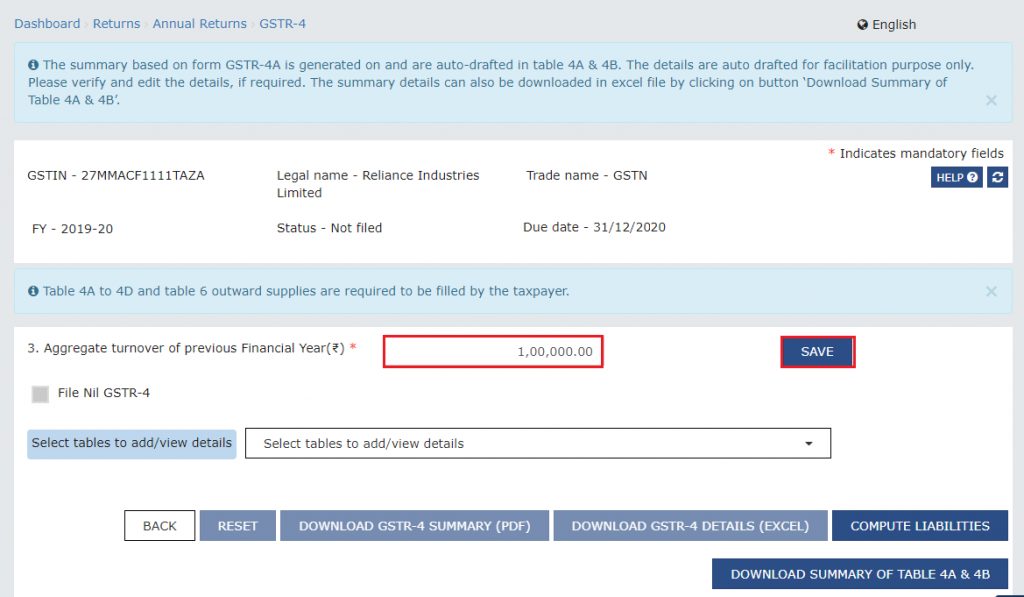 Aggregate turnover details for GSTR-4