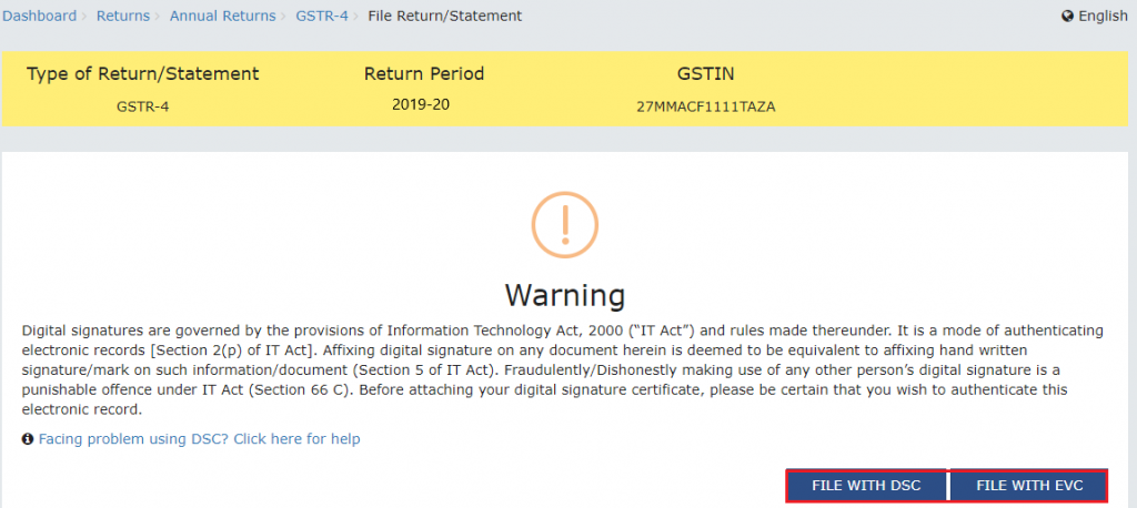 Filing GSTR-4 with DSC or EVC