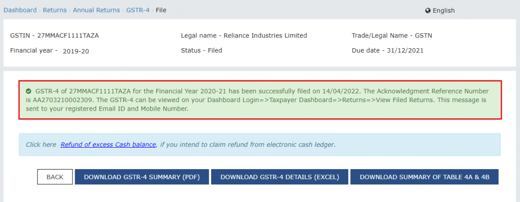 GSTR-4 successfully filed.