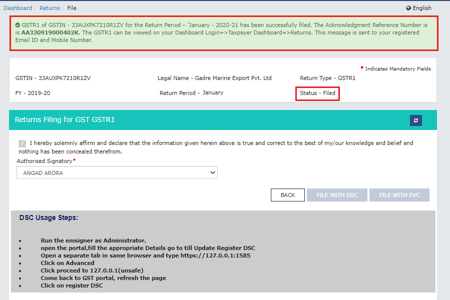 GSTR-1 successfully filed