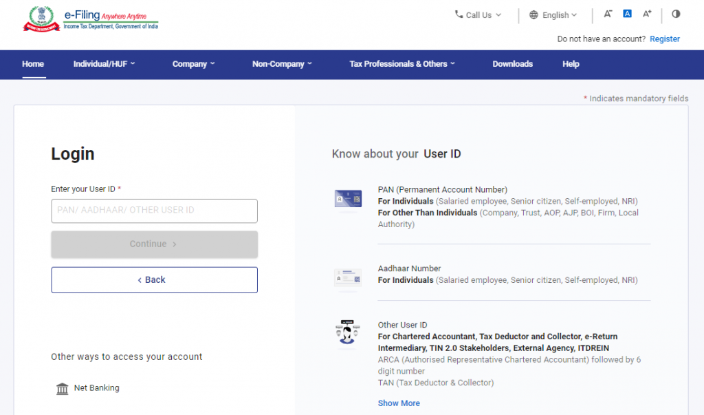 Login on Income tax portal with your user id