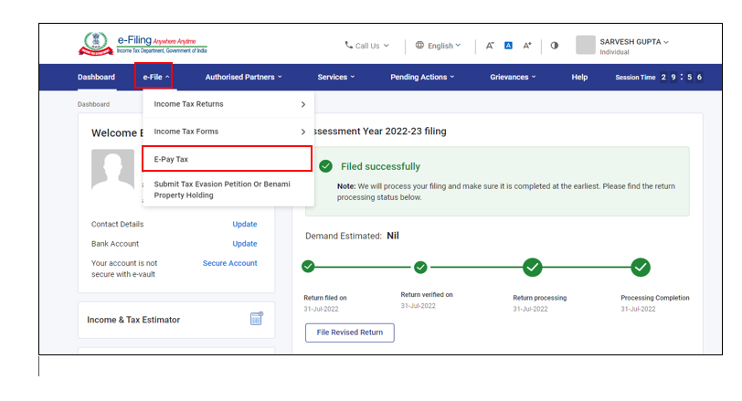 E-pay tax on e-file portal