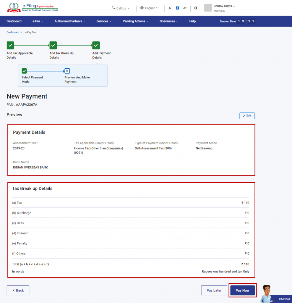 Preview for ITR payment