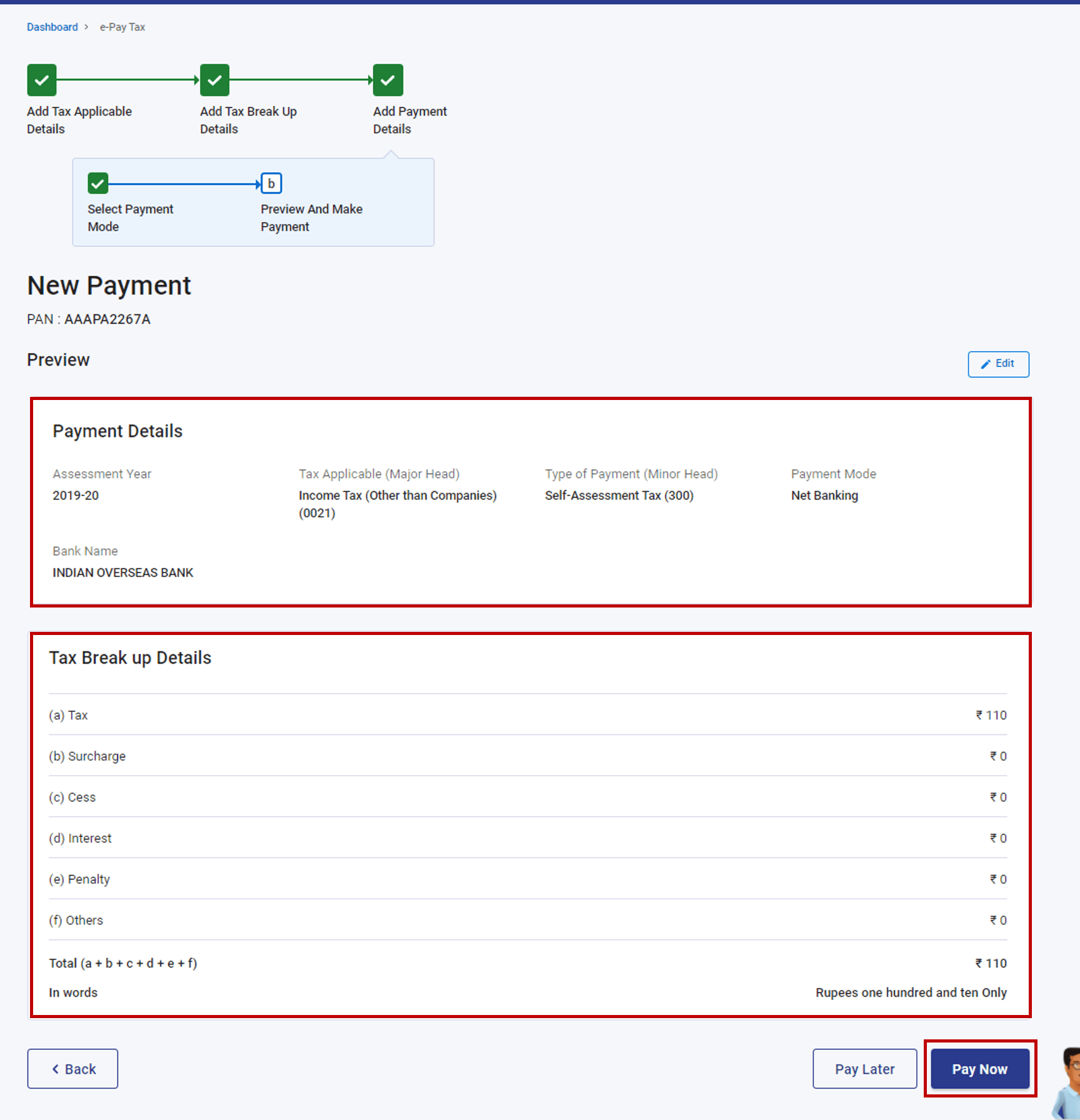 Preview for ITR payment