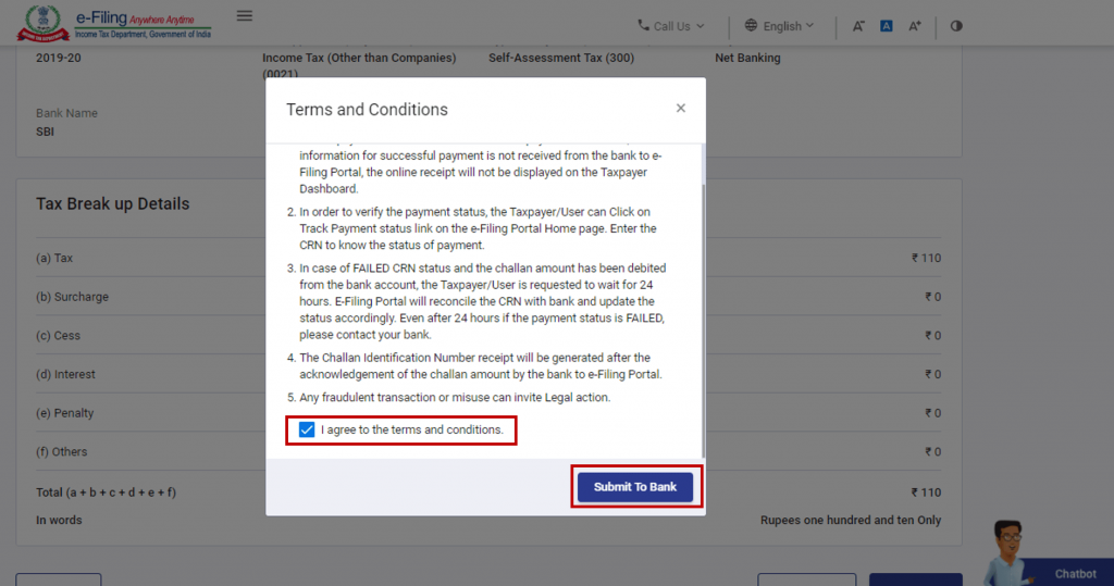 ITR payment terms and conditions dialogue box