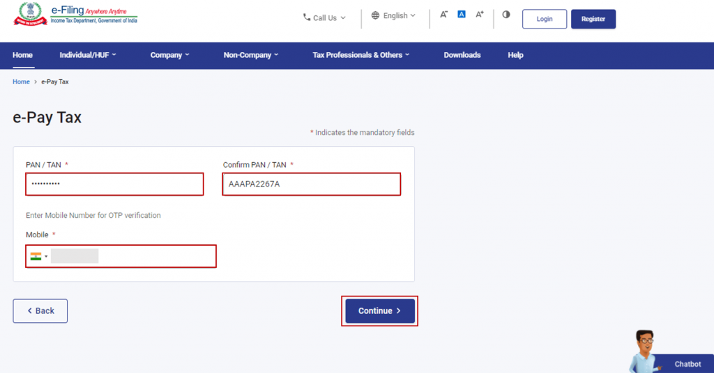 Fill in the required details on the e-Pay Tax page