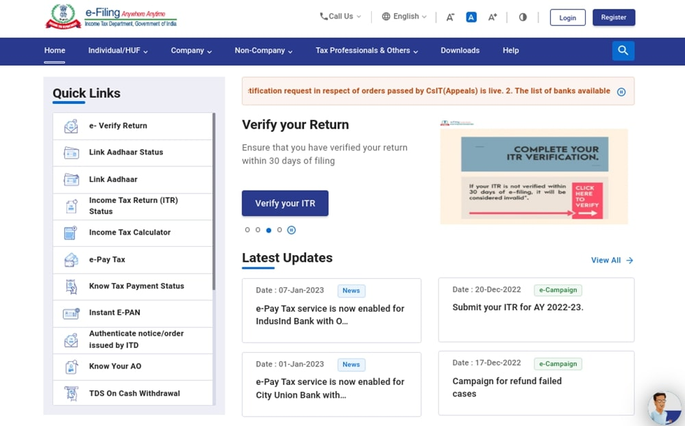 ITR e-filing page