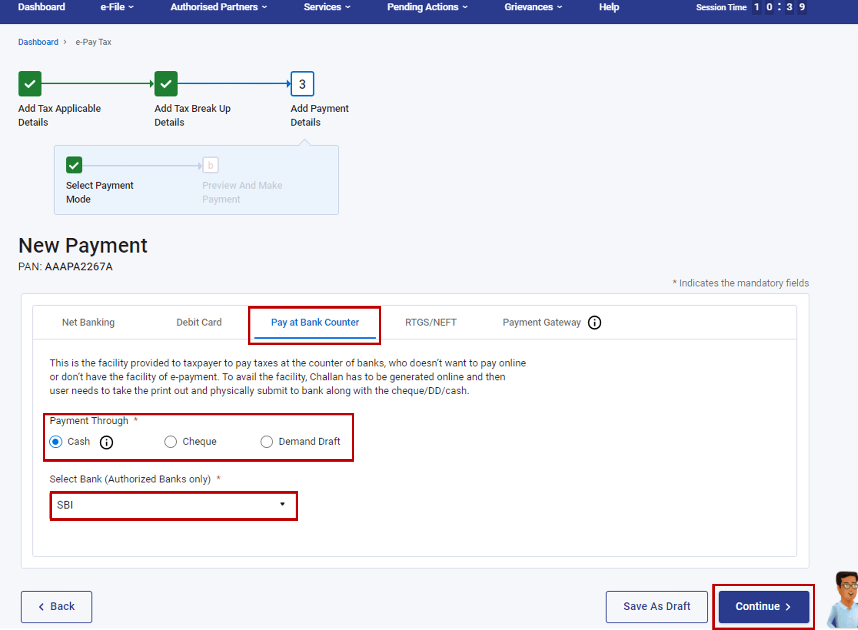 Choose Pay at bank counter option