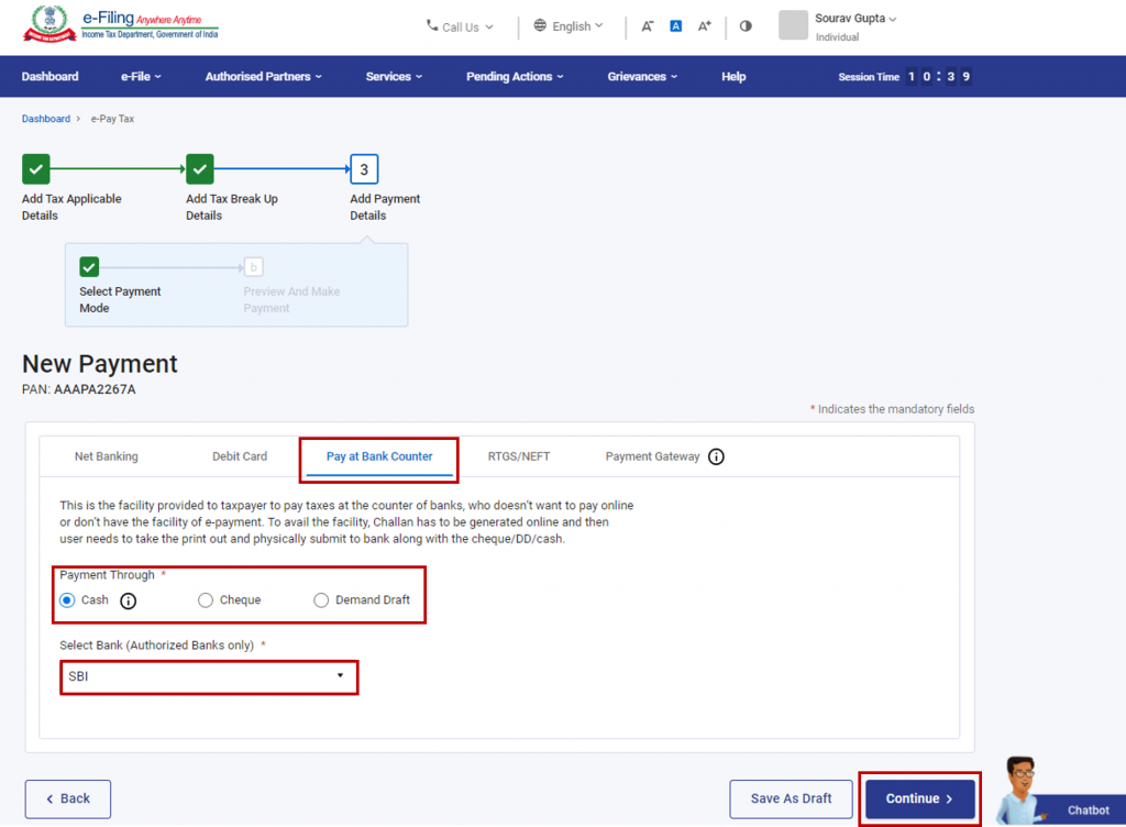 Choose Pay at bank counter option