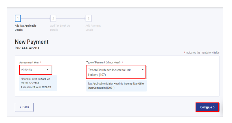 Pick tax payment assessment year