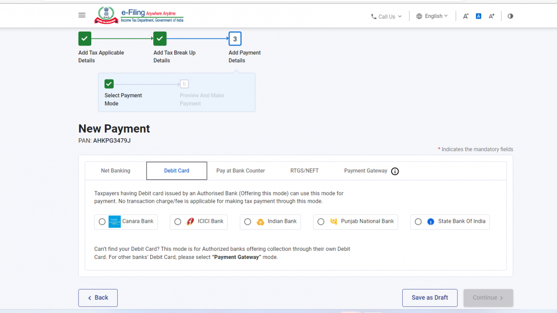 Pick debit card option for tax payment online