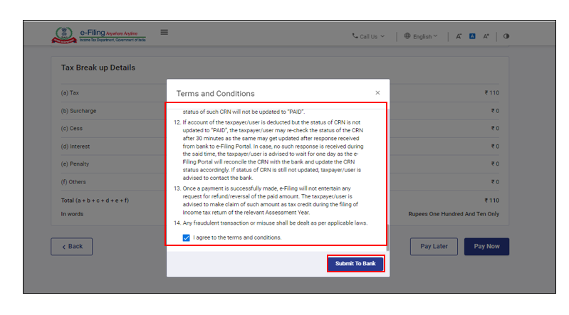 Dialogue box for confirmation of tax payment