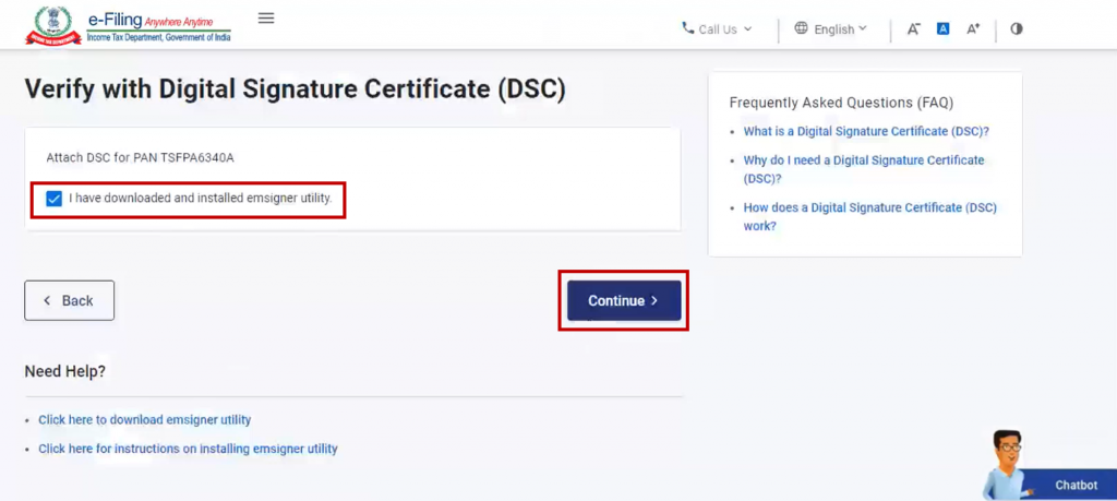 After emsigner is downloaded, continue e-verification with DSC