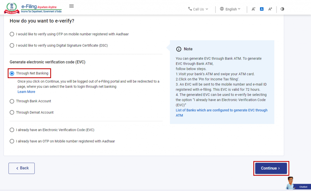 Choose 'Net Banking' on the E-Verify Page on ITR portal