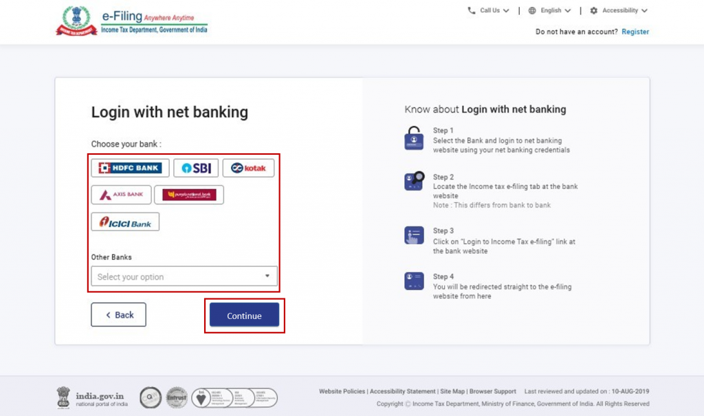 Select bank to E-Verify ITR filing