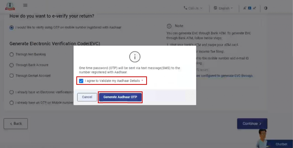 Generating Aadhar OTP for e-verifying ITR via Aadhar