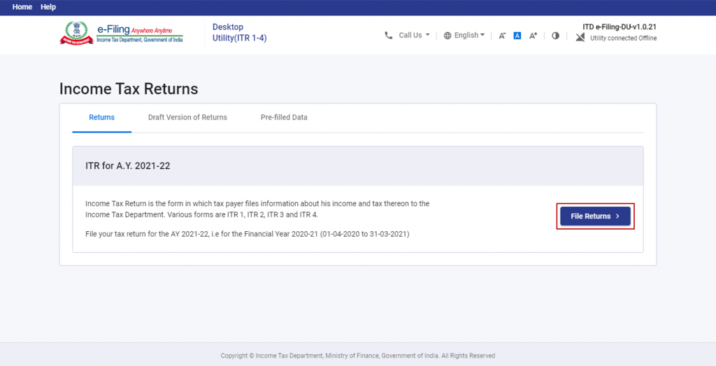 Starting ITR filing process via JSON offline utility