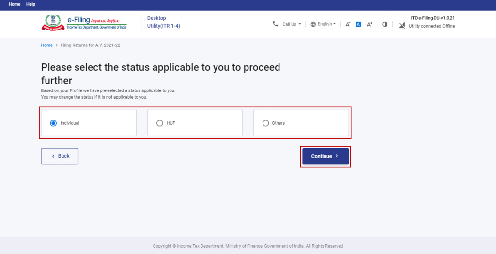 Select the type of ITR filing