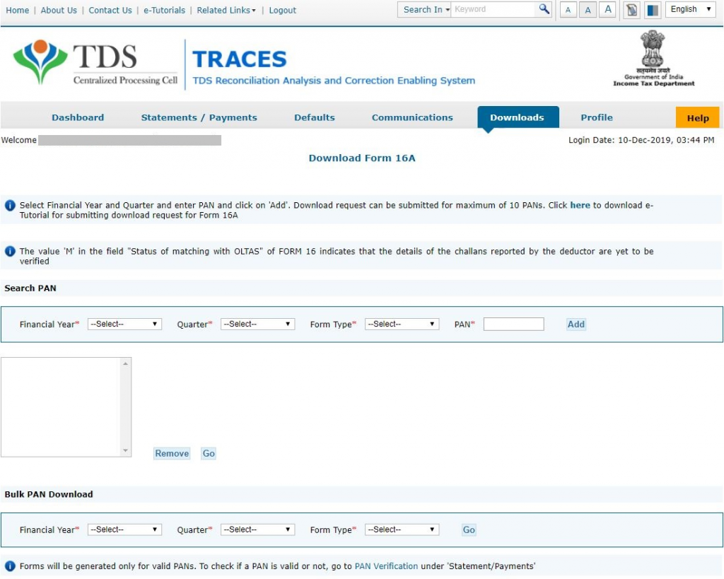 Select Financial Year and PAN: form Form 16