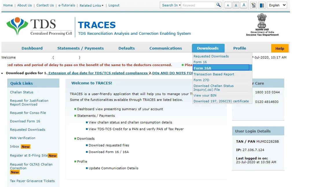 Select FORM 16A from Traces Website