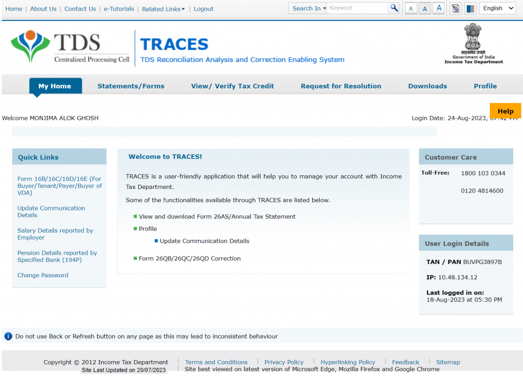 TRACES post-Login Dashboard