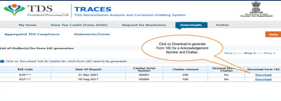 Select Challan for Form 16 Generation