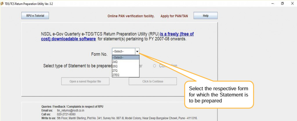 Using RPU tool for filing TDS form 27Q
