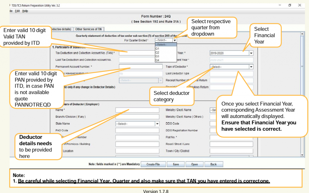 Entering details for form 24Q on RPU