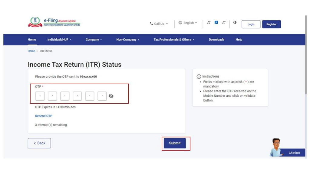 OTP verification for Income tax Return Status check