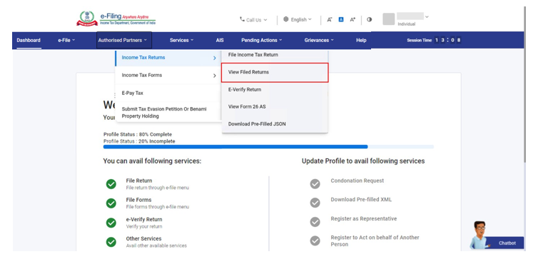 View Filed Return service on income tax portal