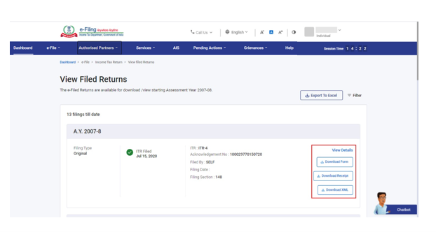 View Filed Returns on Income Tax Portal