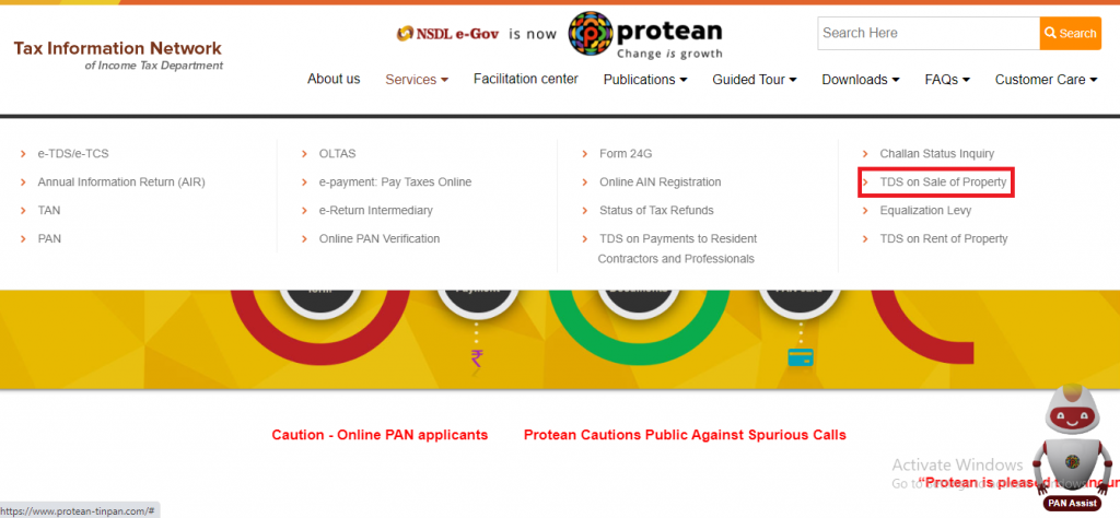 chose TDS on sale of property sale on Protean website homepage