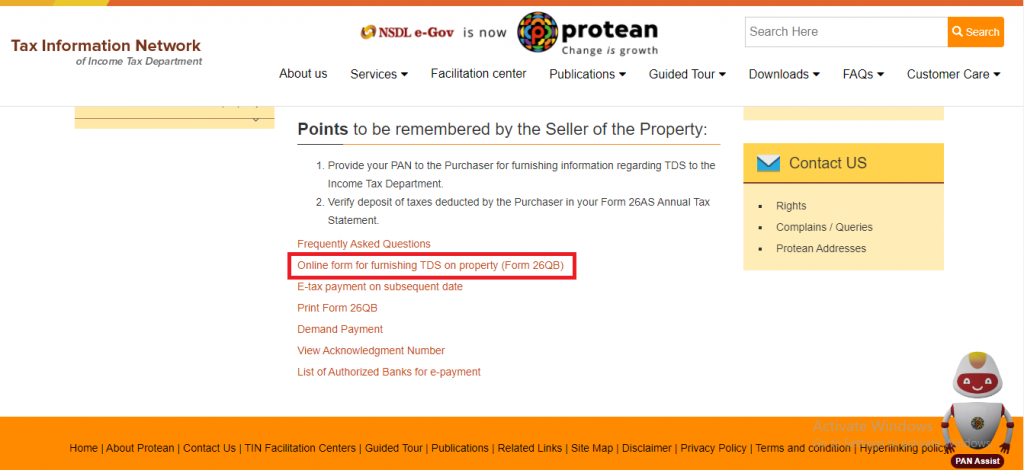 Choose 'Online form for furnishing TDS on a property (Form 26QB) on'Protean website 