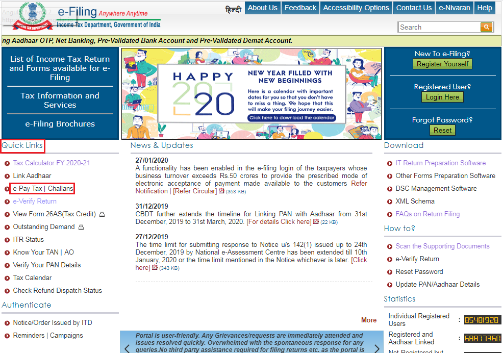 Income Tax e-filing portal homepage