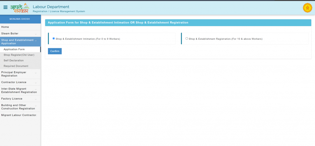 Choosing new application for shop and Establishment registration