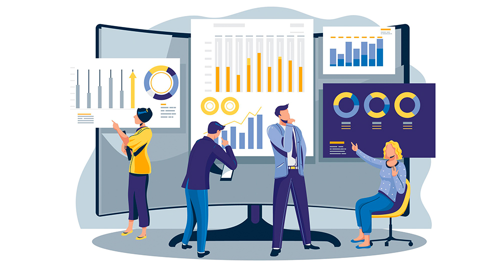 Group of people looking at annual returns on the screen