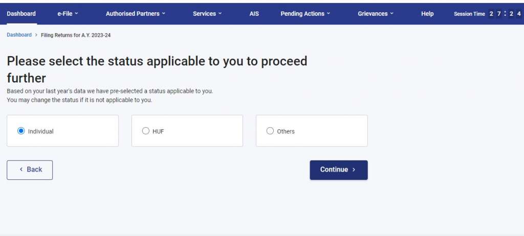 Select status for applicability of Form ITR 4