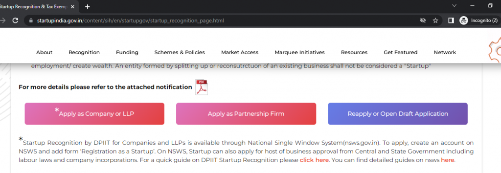 Startup India Registration Process Landing Page